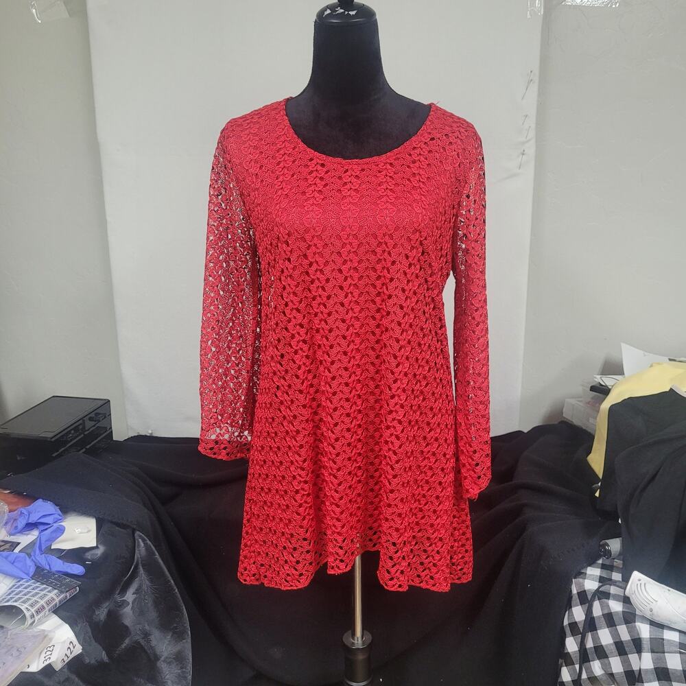 Red Lace Blouse by Ashley J  Lined with Lace Outer; Polyester; Sz XL
